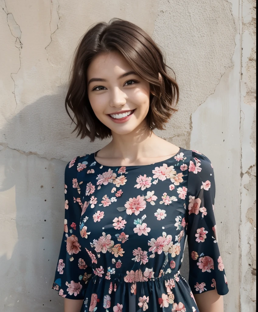 391 ((young woman)),(short hair),(floral dress),(archic smile)