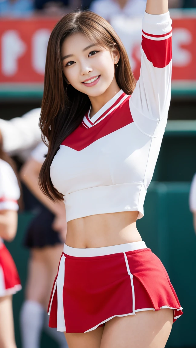 8K raw photos、Beautuful Women:2.0、24 years of age、jpn、Cute Baby Turtle、nedium breasts、((cheer girl:1.5))、A miniskirt、Beautiful eyes finely detailed、eyeslashes、((Brown eyes:1.2))、beautiful double eyelid、eye shadows、Perfect eye makeup、((A smile:1.6))、beautiful and thin legs、(Maroon hair)、Medium hair、Fluffy hair、stadio、Daytime、latina、Photorealsitic:1.9、Sexy navel、Skinny legs、tthin eyebrows、tear bag、lofty nose、((Highly sexy))