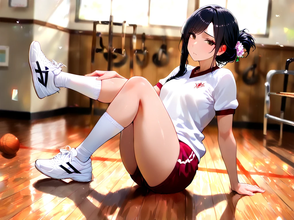 1 girl,Androgynous,two side up,big breast,black hair,red eyes,medium hair,sidelocks,Multicolored eyes,school,Gym Uniformgym shirt,spread legs,(knees up),(crotchless),(tight skin),straight-on,(legs),(feet up),masterpiece, best quality, very aesthetic, absurdres,(arms up),bare,Toes
