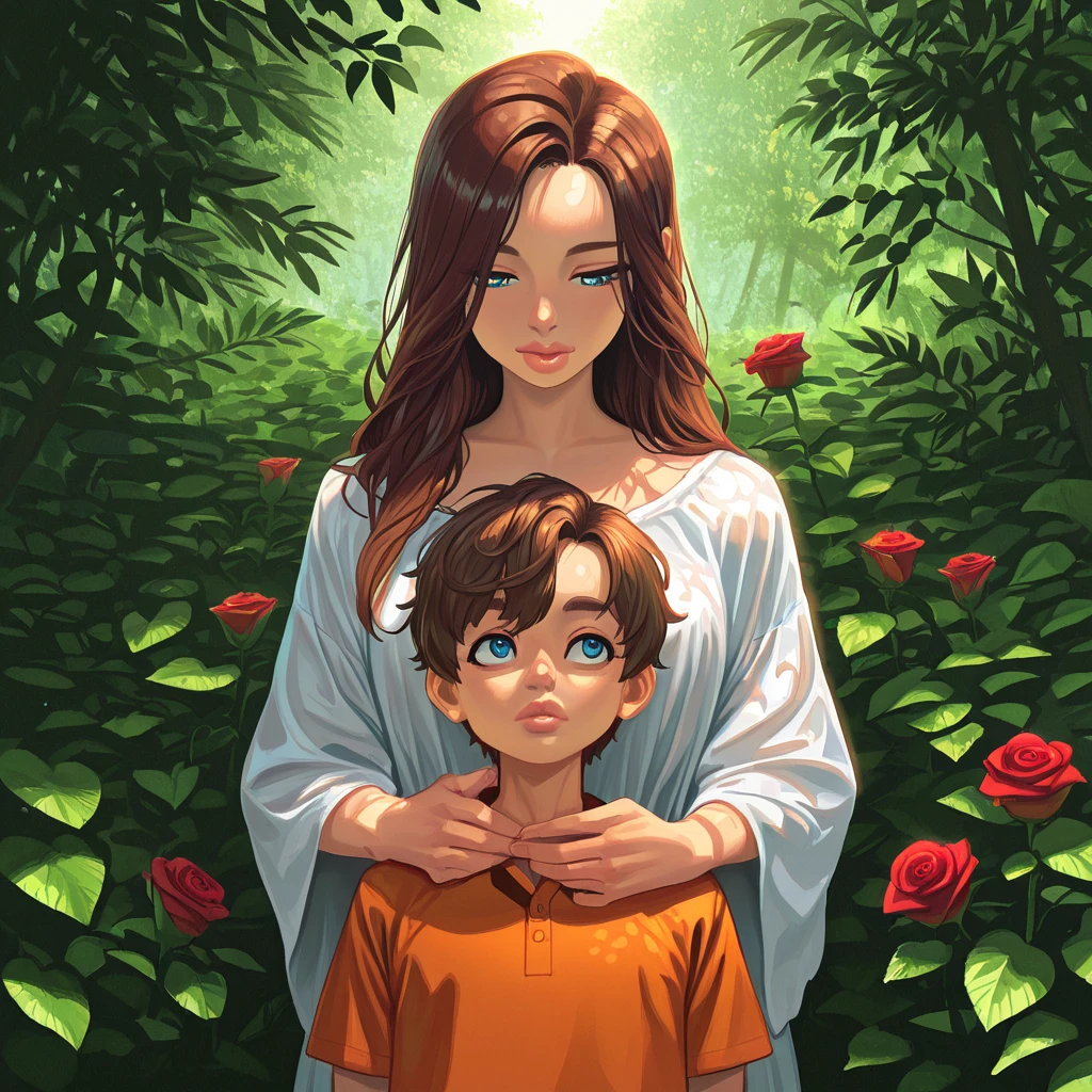 An adult woman in a leafy dress and black anime hair found a baby alone, a baby with a blanket, with red hair and eyes, on top of a tree.