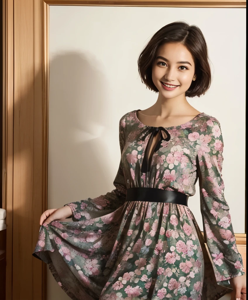 391 ((young woman)),(short hair),(floral dress),(archic smile)