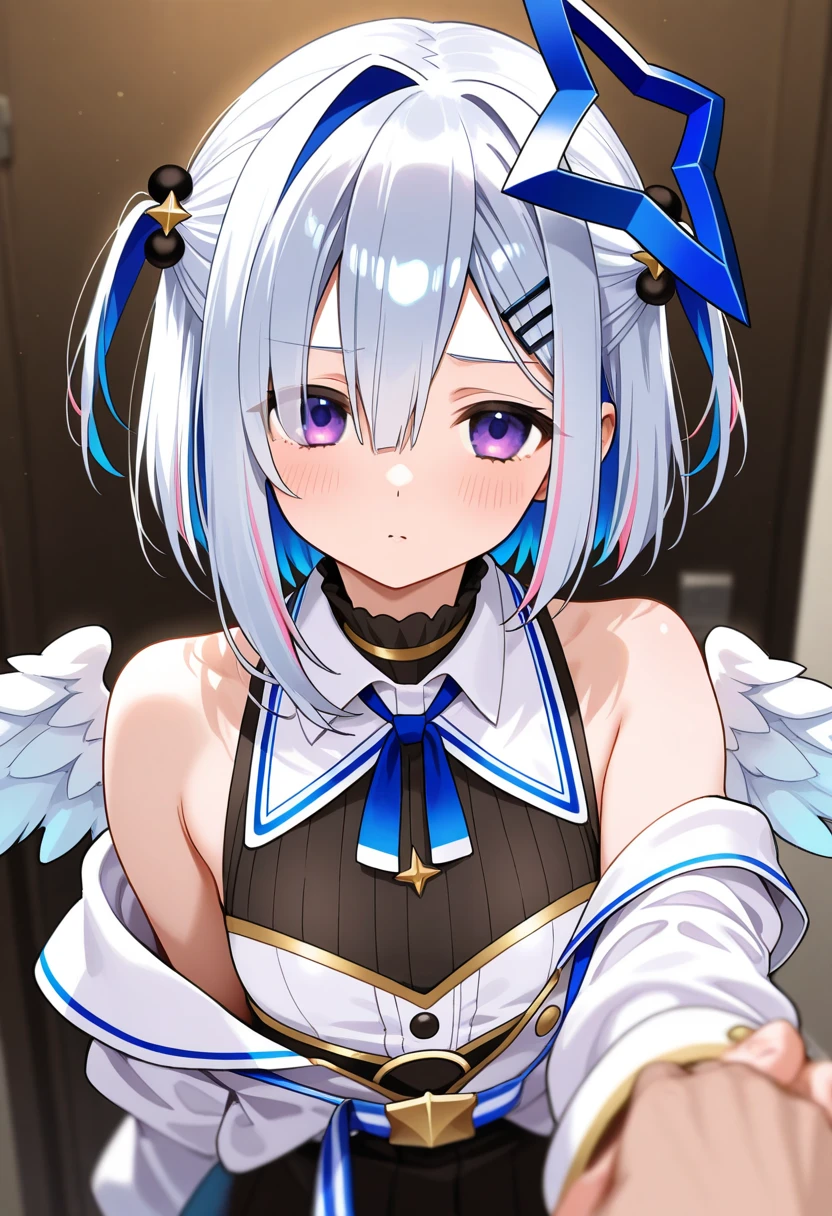 (highest quality, masterpiece), One girl, anger,stage,Idol,blue eyes, Purple eyes,Big eyes, Grey Hair, Blue Hair, Striped Hair, Hair on one eye, Inner hair color, Single Hair Intake, bangs, Short Hair Kanatadef,nsfw,Small breasts,Nipples,Pussy,Completely naked