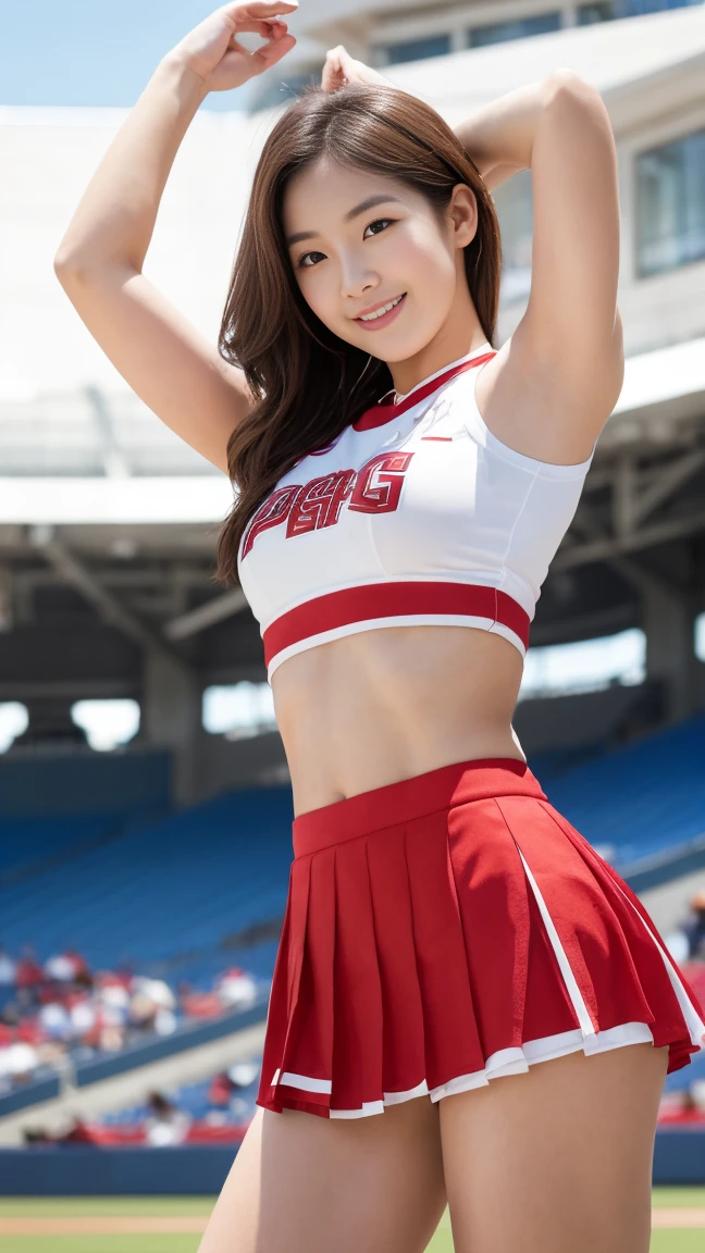 4k ultra hd, masterpiece, best quality, a girl, good face, happy, detailed eyes, detailed lips, very long hair, Multicolor floating hair, slim body, medium breasts, narrow waist, promotional costume, red and white costume, short sleeves, cropped top, short jacket, skirt, walking, stadium background,