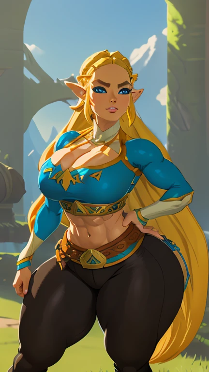 ((masterpiece)), ((best quality)), (detailed), perfect, solo, zelda, gorgeous woman, luscious lips, long hair, huge breast, deep cleavage, huge breasts, sexy, Zelda like a busty pornstar