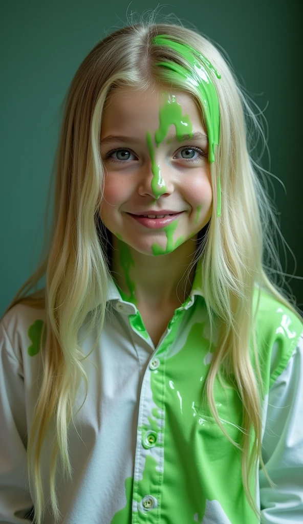 a close-up of a blonde child with long hair, BIG BALL OF electrified ICE IN HANDS. WNGS DE VERDE FUMO CLARO.
