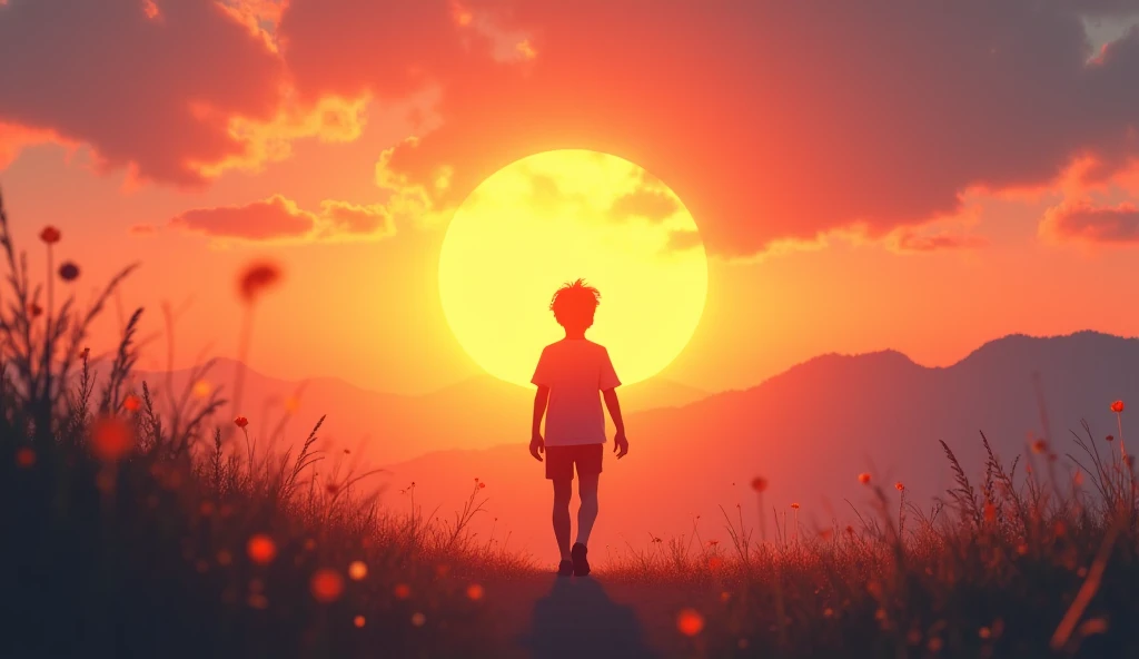 A person is walking towards where the sun sets.