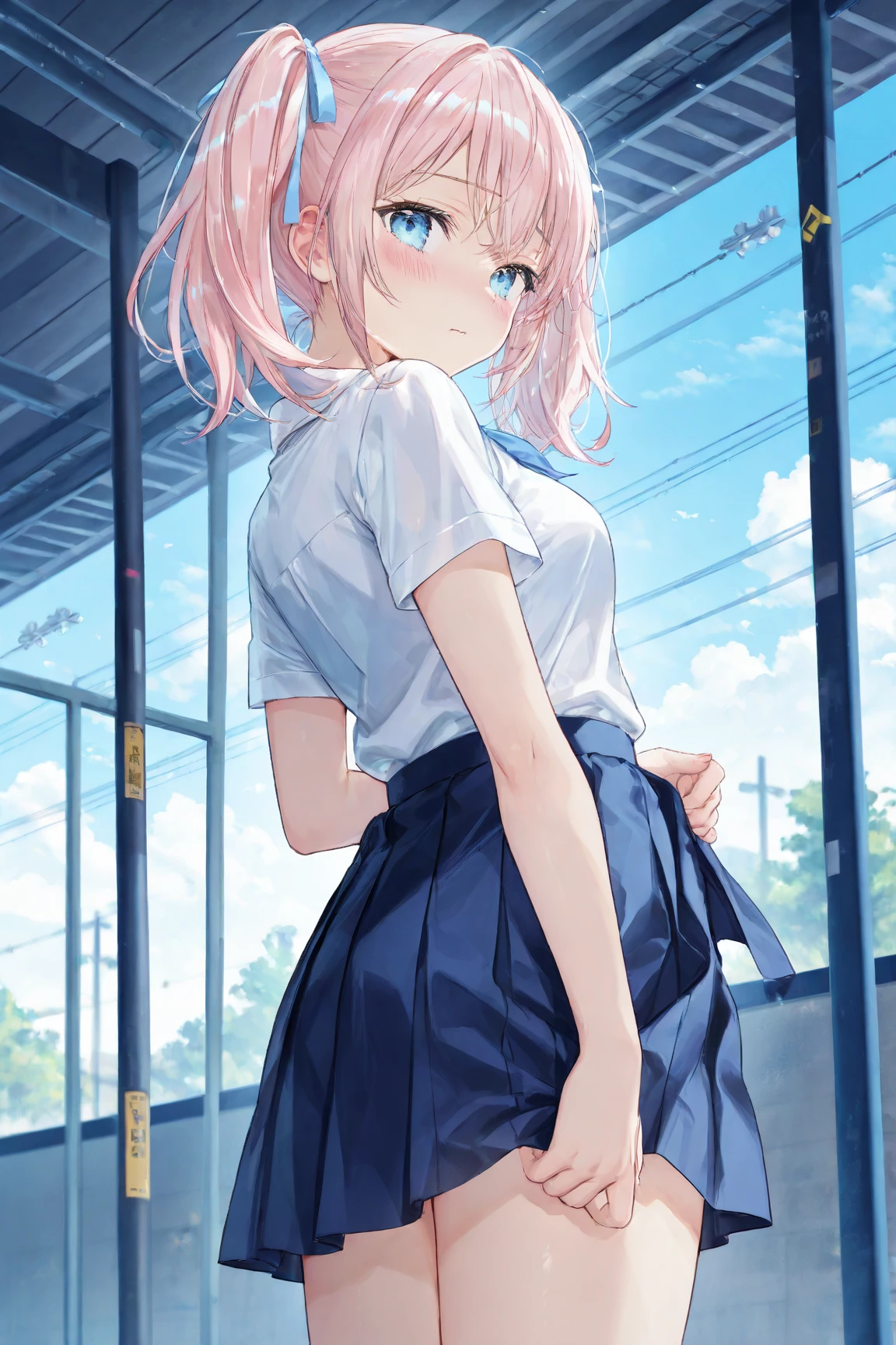 masterpiece, best quality, ultra-detailed, 1girl, pink hair, short hair, ((blunt bangs)), flipped hair, (jitome), white business shirt, dark gray pleated skirt, 黒のニーハイソックス}, blue eyes, 中くらいの胸、スリム、カウボーイショット 、from behind, from below, hip focus
