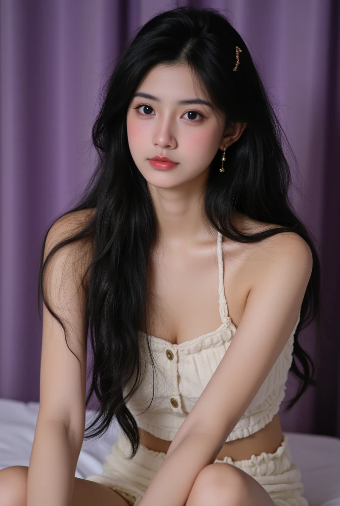 Kim Jennie with black hair, with curlers at the ends, Brown eyes, beautiful eyes, crying eyes, beautiful, splash your nose, watery nose, beautiful lips, pink lips, heart and cupid shaped lip, beautiful skin, pale white skin, with moles and freckles all over his face, soft pink blush on cheeks, soft pink makeup, Nice neck, marked collar, tender look, with a kiss necklace, while wearing a white dress, white dress with rose print, beautiful vestido, with summer shorts, while wearing a dress with summer shorts, as long as you have a slim and beautiful abdomen, sexy (big breasts, soft breasts, beautifuls pechos), while in a restaurant eating noodles, autophoto, looking to the camera