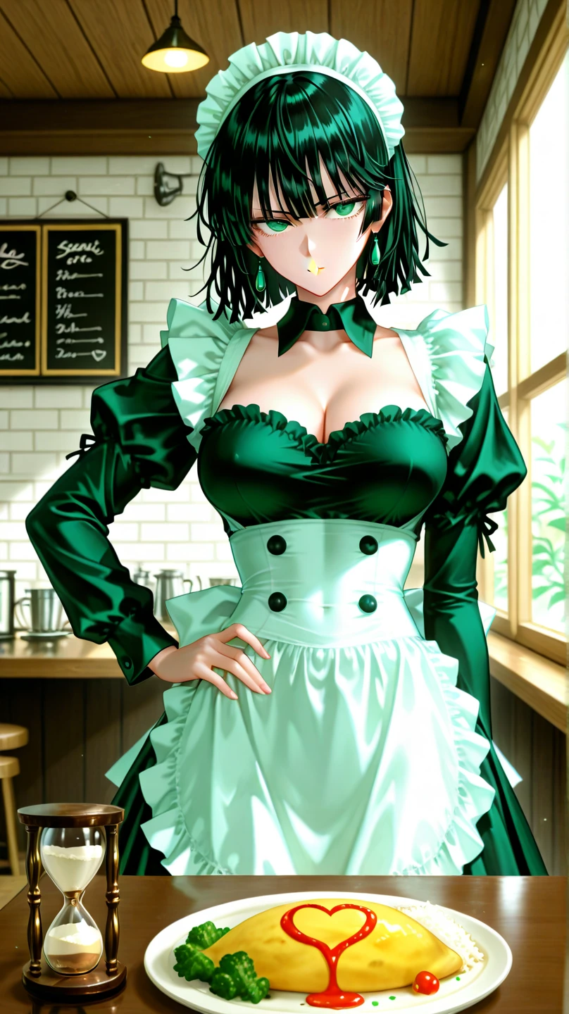 top-quality、tmasterpiece、Very high resolution、super high image quality、High-quality pixels)、perfect eyes, perfect face, perfect body figure,solo,8K, huge breasts,(Detailed description of hair), (Detailed description of face),(Detailed description of body), fair and clear skin, matchless beauty, long legged, fubuki, one lady, solo, short hair,very straight hair,very dark green hair,green eyes,cowboy shot,Mature age 30,strong body,maid costume, ssmile