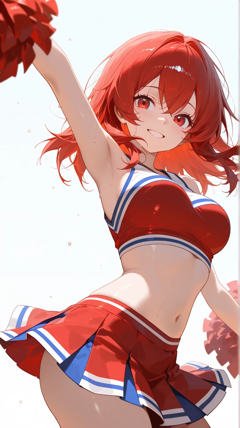 Simple white background,standing, spread legs,arms behind back,takami chika, sailor top, school skirt, midriff, slightly excited and smile, sleeveless, thighs, cowboy shot,
