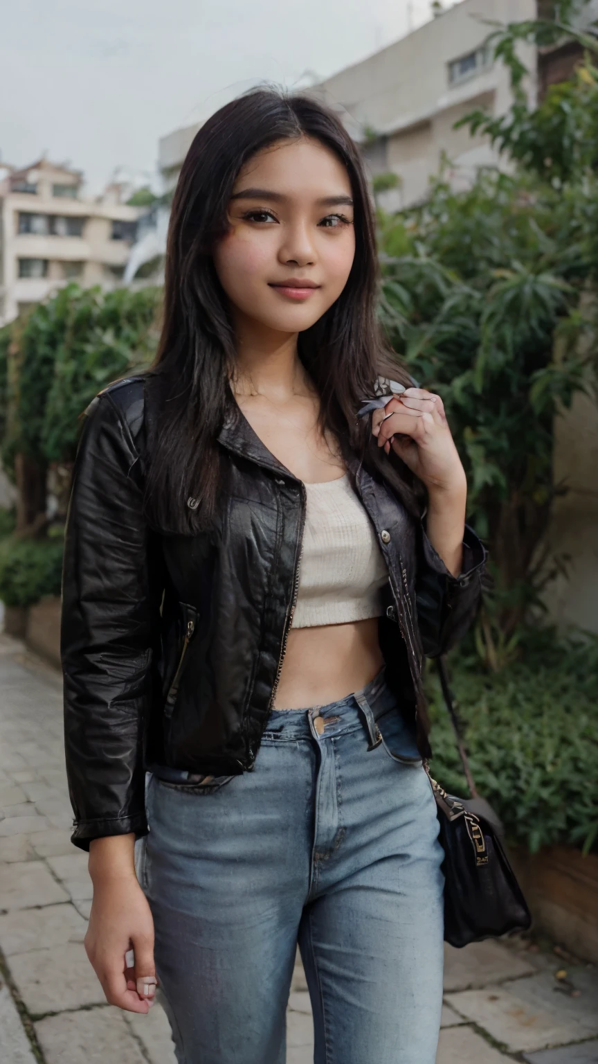 26 years old, an indonesian young woman, wearing colored blouse dan dark skinny jeans, with bag and sneakers, smiling, medium breast, long black tangled hair, ultrarealistic, perspective, 8k, ultra hd