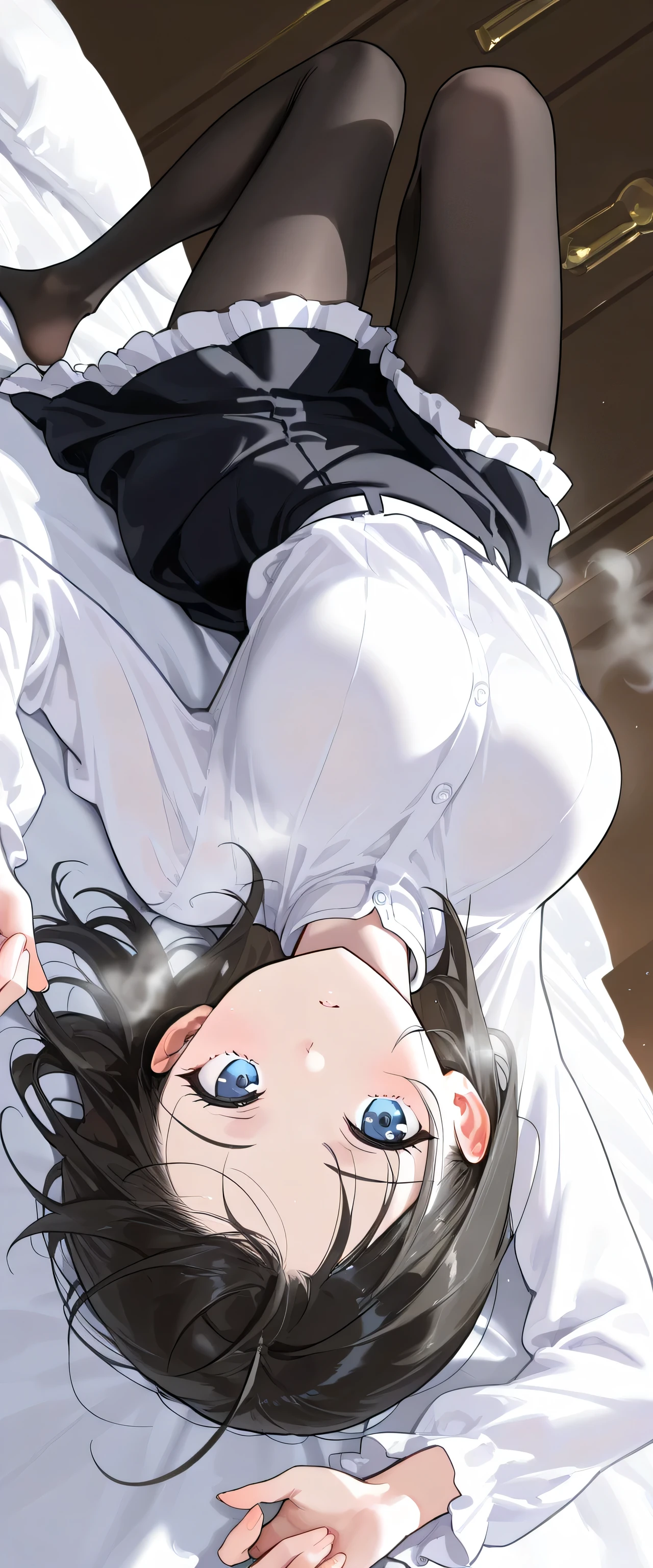 masterpiece, best quality, super detailed8k, high resolution, 1 clean girl, solo, she is Rurikawa Tsubaki, cool and cute girl, white skin, clean skin, slender, round body, well-endowed big breasts:1.3, shoulder length medium hair, glossy hair, ahoge, black hair, blue eyes, look at viewer, relax, perfect anatomy:1.3, (she is wearing the maid cloths, white closed bouse, black frill skirt, white waist epron, black tights, steam), (she is lying on bed, one knee up), upside down:1.3, (((focus her body))), dutch angle