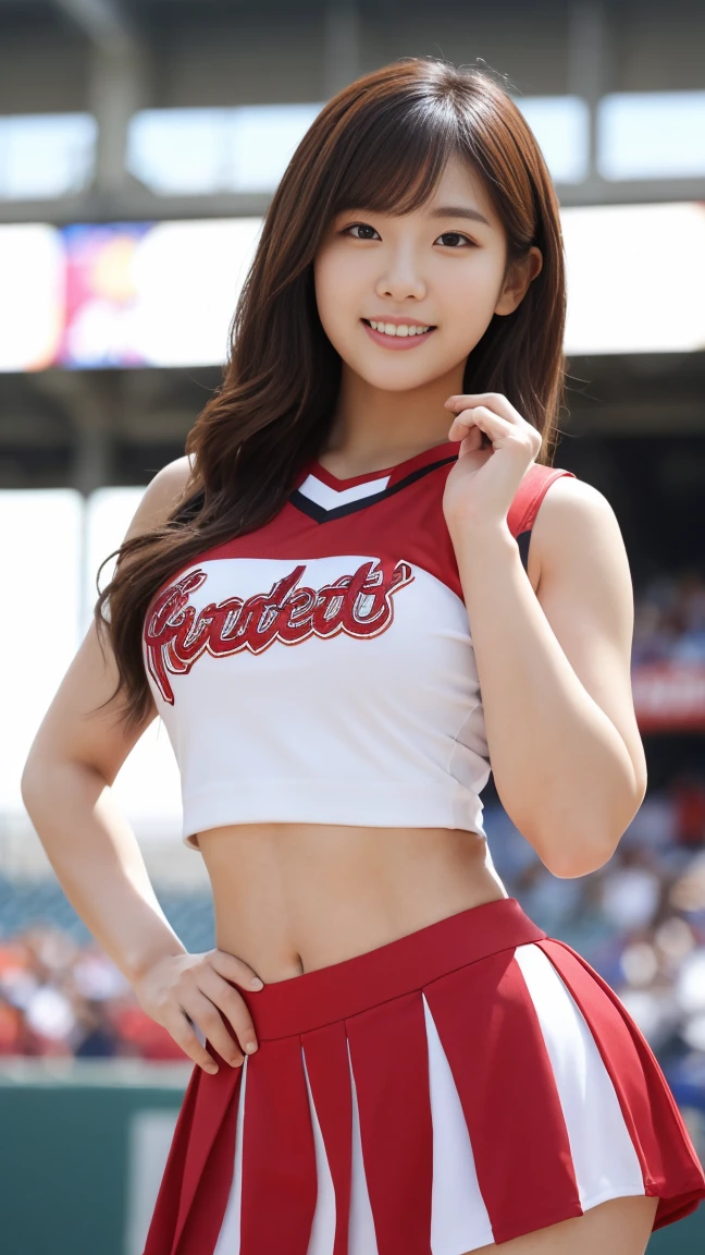 super detailed,bright colors,(8k:1.5),Masseter muscle part,very beautiful detailed face and eyes,25years old, cheerleader (stylish outfit), mature female, /(brown hair/) bangs ribbon, blush (brightly smile), outdoors, audience,(baseball stadium),beautiful breasts,1lady solo, (dynamic posing)