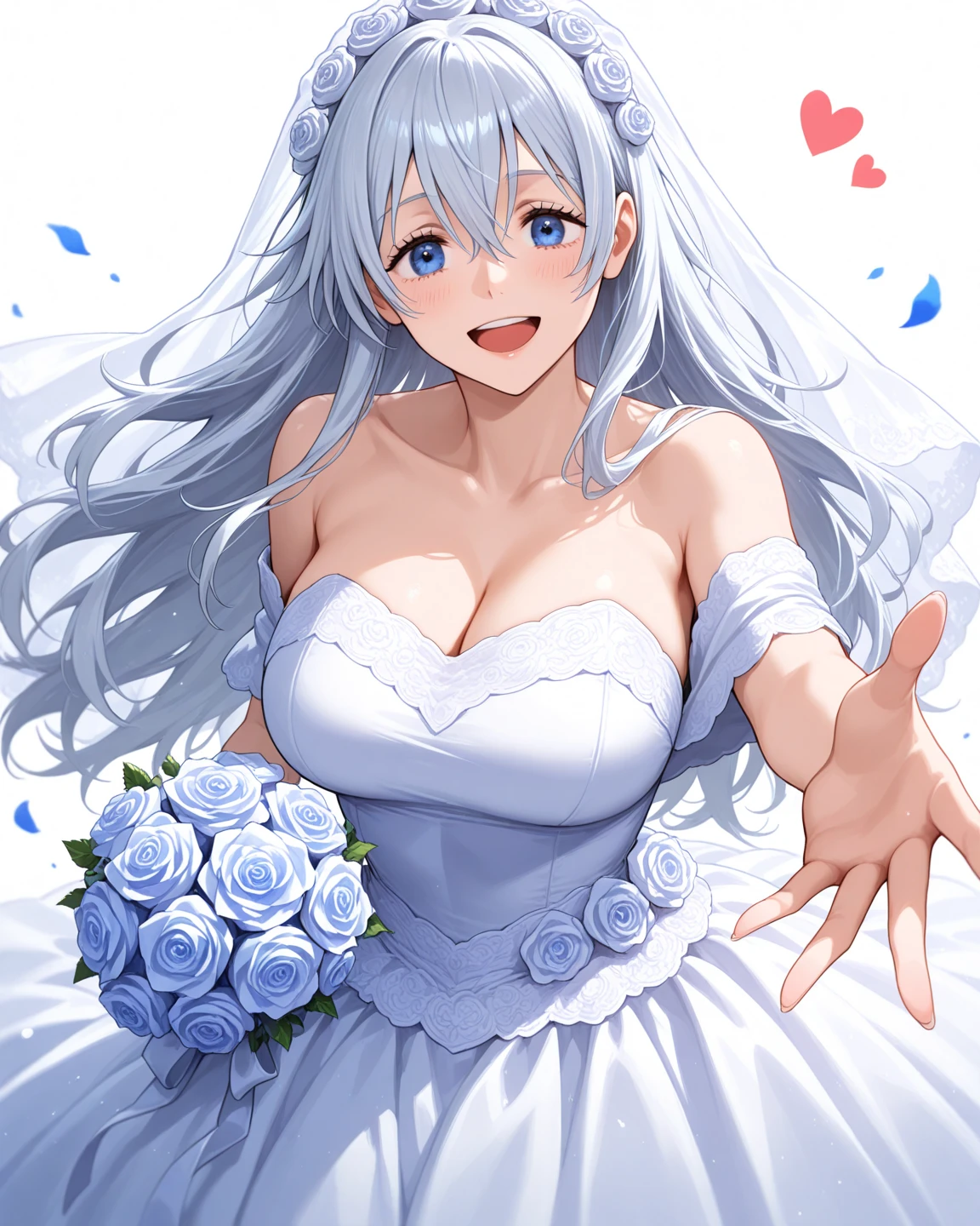 masterpiece, best quality, highres, aaichika,  tiara, bridal veil, necklace, cleavage, wedding dress, strapless dress, white dress, white gloves, elbow gloves, garden on background, smile, open mouth, tears, upper body, confetti, holding bouquet, bouquet, beatrix amerhauser, long blue hair, blue eyes,  gloves, ponytail,