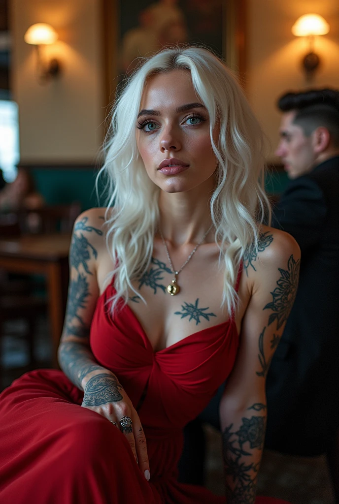 Make a picture of a young tattooed woman with large breasts with a high slender waist blonde with short hair with blue eyes is a red lipstick on her mouth holding a glass of wine in a dress with a neckline we white breasts in a party room