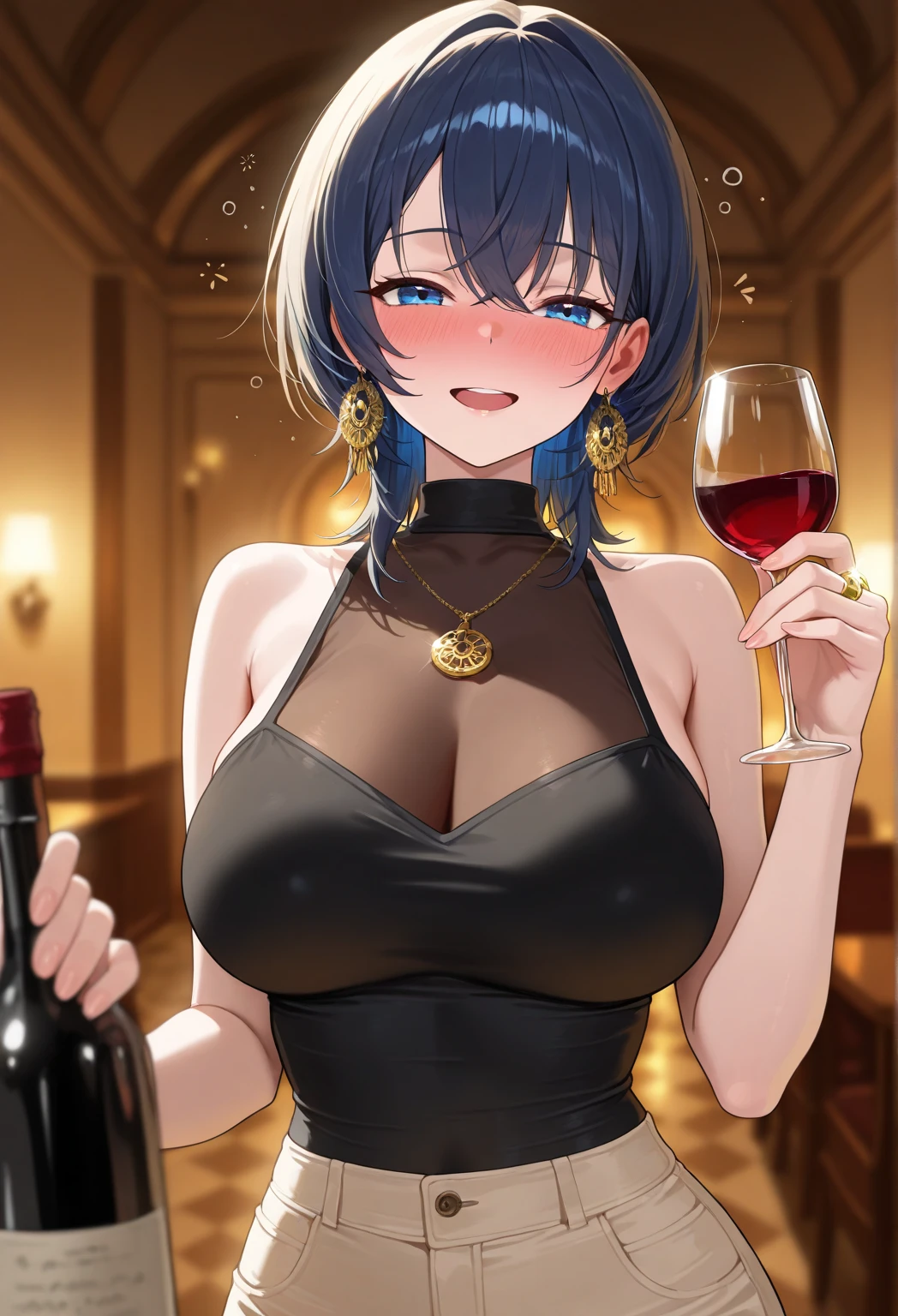 long black hair, straight hair, perfect body, sexy woman, brothel worker, purple eyes, mature, 25 years old, inside a bar, elegant sexy dress, woman serving wine, fantasy prostitute, pouring wine in glass, serving wine woman standing, small round table, seductive smile, dark room lighting