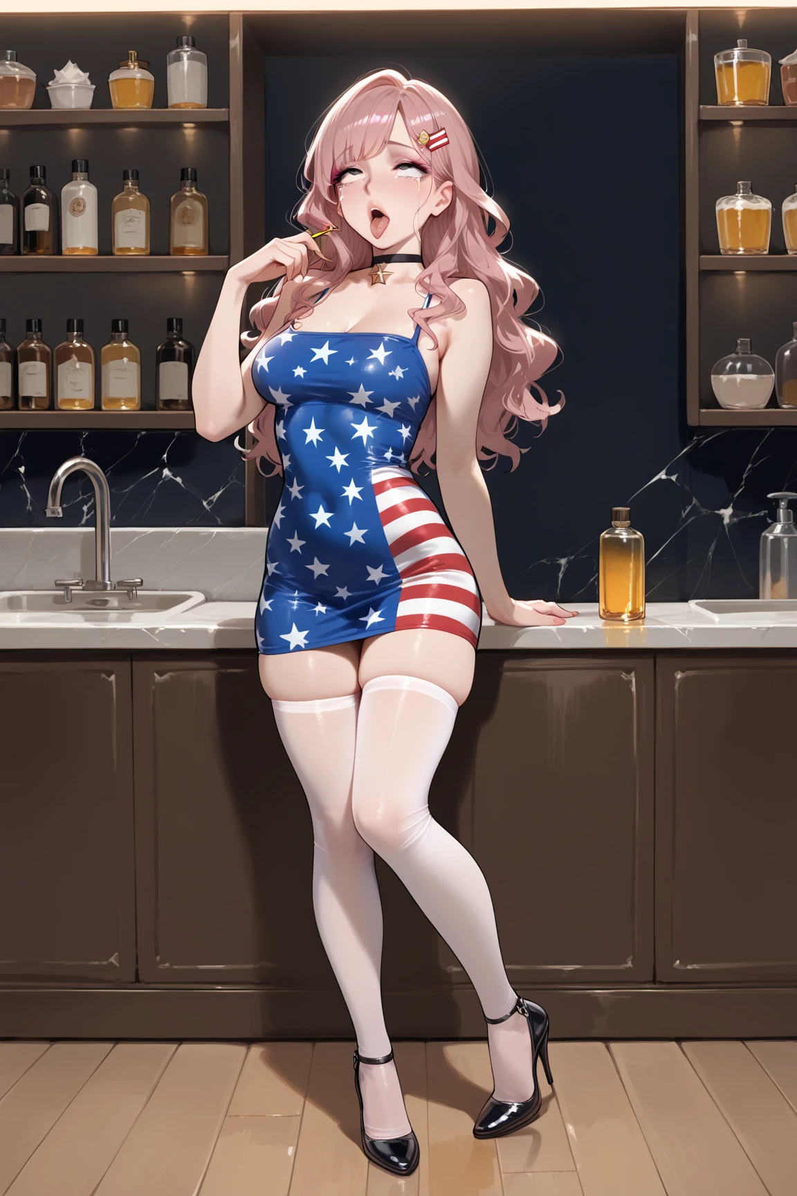 ass, portrait, adult woman, HUD_Rbw_Wg, wig, bangs,<lora:HUD_Rbw_Wg:0.5>, squatting, facing viewer, high quality, best quality, clown makeup, huge full breasts, huge ass,HUD_Crcs_Pfrmr, midriff, swimsuit, vertical stripes, frills, <lora:Circus_Performer-00000