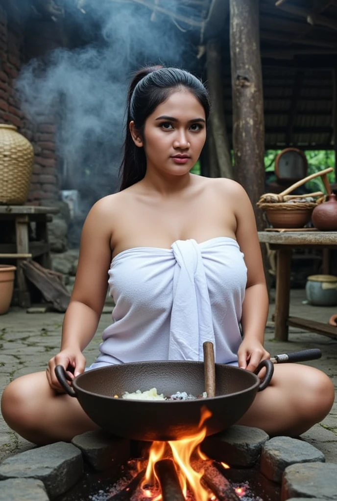 A 52 years old naked Indonesian woman in peach color hijab, smiling and cooking chicken in the old bamboo kitchen in a forest, look to the food with eye close, dense pubic hair, darker skin, curvier body, short body, flat-chested, small breasts