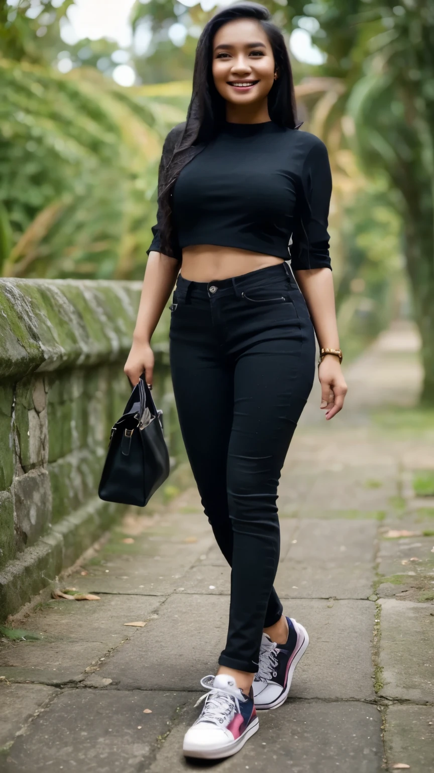 26 years old, an indonesian young woman, wearing colored blouse dan dark skinny jeans, with bag and sneakers, smiling, medium , long black tangled hair, ultrarealistic, perspective, 8k, ultra hd