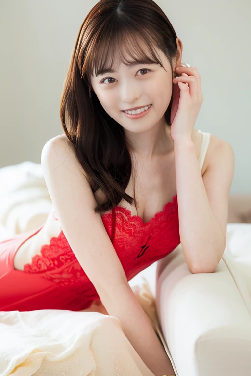 masterpiece, 1 woman per 1photo, full body shot, front view, a Japanese young pretty woman, hyper pretty face, 18 years old, shoulder length hair, sitting on a silk bed with a big smile, wearing only a sleeveless silky satin red chemise with black laces, busty, wet body, glossy lips, glamorous figure, silk pillow, silk bed sheets, double eyelids in both eyes, natural makeup, long eyelashes, shiny smooth light brown hair, asymmetrical bangs, fair skin, central image, 8K resolution, high detail, detailed hairstyle, detailed face, spectacular cinematic lighting, octane rendering, vibrant, hyper realistic, perfect limbs, perfect anatomy