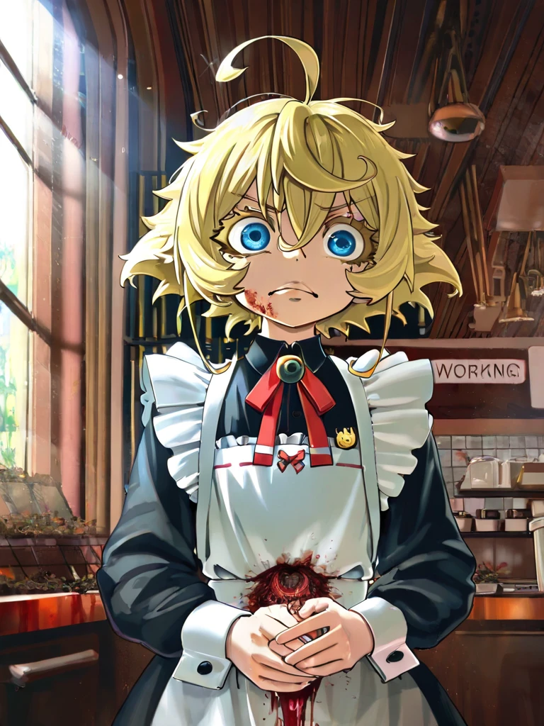 girl in a panty, wearing oven mittens tucked in pockets, blindfold