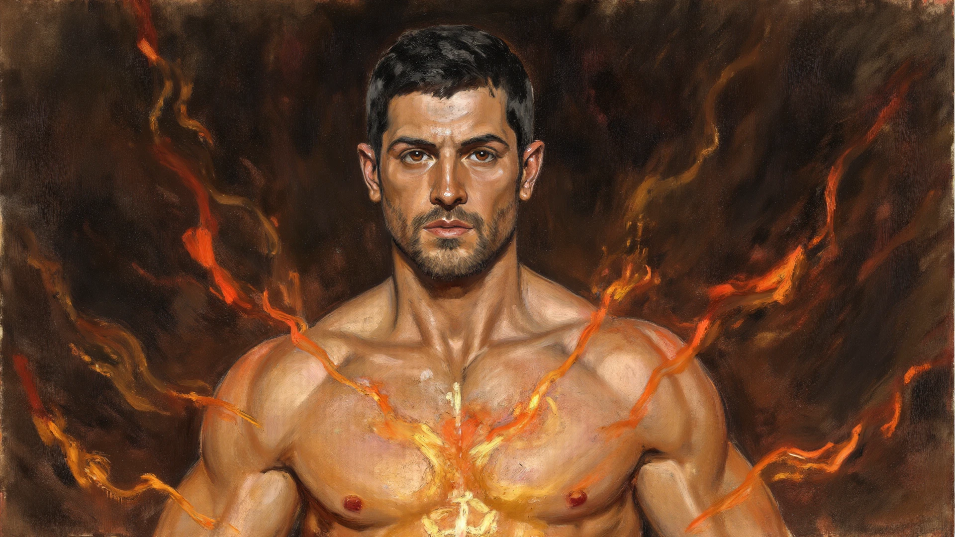 acting(((martial arts superstar)), Wear black pants with red stripes, There is fire in the background, complicated, high detail, sharp focus, dramatic, ((Best quality photorealistic art)), ((masterpiece)), (detailed), (topless:1.7) the last airbender". Describes him as having a strong square jaw line, Gaunt cheeks and thin face, topless, Notice the detail of the scar on his eye, golden eyes, he is a pyromancer, firebender, messy hair, and a hue, His muscular physique reflects his training and determination. capture his expression, The entire series reflects his inner self and growth. The background should be dark and contain curved fire. Use dark and bold colors…, Mortal Kombat,