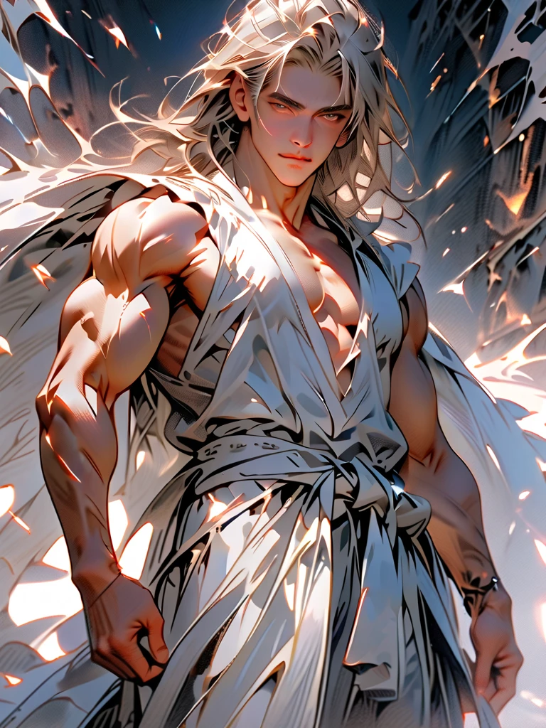 a picture, 8K Full Body Portrait of Handsome Man, 20yr old, Ready for Battle, badness, A warrior, Disheveled Long Hair, Long body, musculature, Detailed muscular physique, (masterpiece, top-quality, 8K), bare-legged, White karate uniform, White karate obi, White karate pants, Accurate depiction of details, Perfect skeleton,