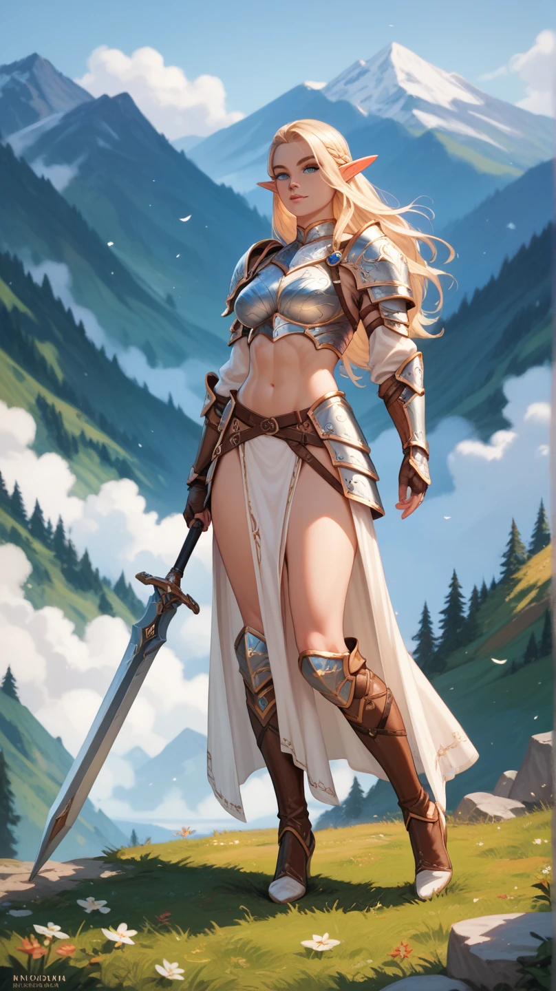 Very beautiful woman、Slender women、(Detailed face)、20-year-old、Realistic Skin、((Holy Knight)), ((Armor made of black))、((((Extremely detailed and intricately decorated armour:1.1))))、((Delicate photo))，(Girl Asheria RAW Photo Details:1.25), (Highest quality:1.6), (Ultra-high resolution:1.5), (Realistic:1.75), 8K resolution, Canon EOS R5, 50mm, Absurd, Super detailed,Cinema Lighting,((Fightfield))、((Fight))、(((White embellished micro skirt)))、Deep red polka dot high leg panties:1.2,Thigh-high socks、Shingard、((blonde))、((Curly Hair))、((Drill Hair))、((Wavy long hair,))、ponytail, Cape、Beautiful Armor、(((Has a huge weapon)))、(In combat)、The wind is blowing、((Symmetrical armor))、((((Blizzard))))、(((Lead a large group of knights:1.2)))、banner、(((Battle Scenes)))、((Browsing Caution:1.2))、(((I can see her panties:1.4)))、、((Skirt lift in the wind:1.4))