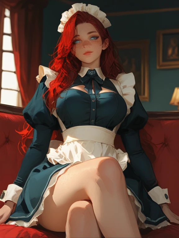 /draw apron orange_hair green_eyes breasts breasts_out couch dress female frills gloves highres koruse large_breasts long_hair looking_at_viewer lying maid maid_apron maid_headdress no_panties original solo thighhighs white_gloves