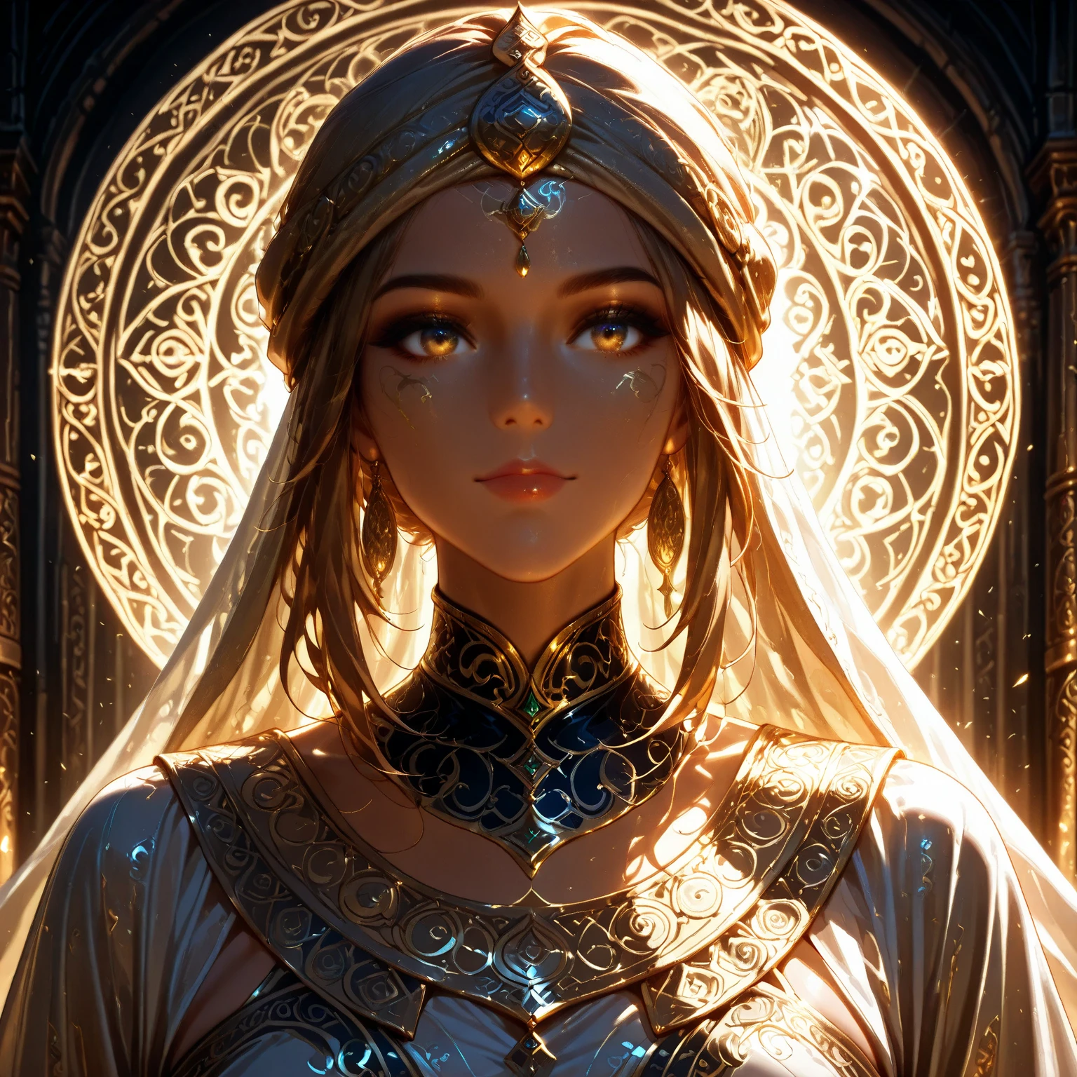 Egyptian priest, female, female, 18 years old, slender body, Egyptian, black hair, straight, eye of osiris as amulet, ultra realistic, fluttering sand surrounds the body of the character, white, gold and blue clothes with red details, tunic, detailed face, object with the same theme, very bright totally white eyes, pale, serious, UHD, super defined details --auto --s2
