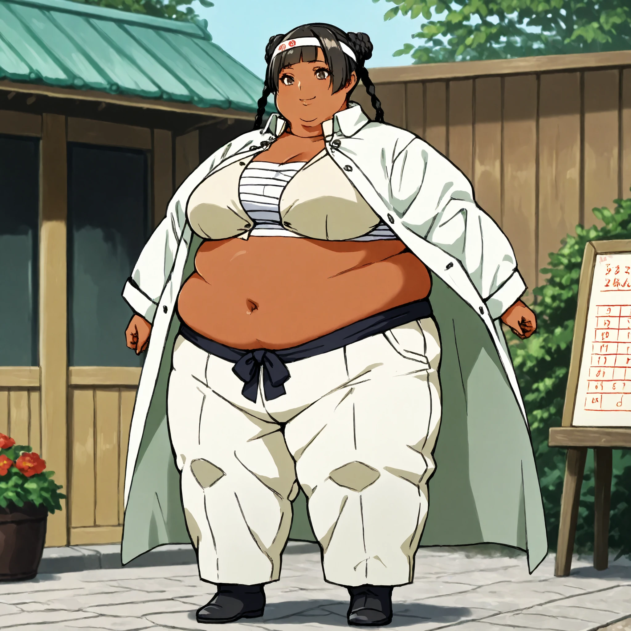 masterpiece, best quality, score_9, score_8_up, score_7_up, score_6_up, outdoors, 1girl, lenalee, long hair, hime cut, twin braids, double bun, bangs, parted bangs, twin tails, black hair, brown eyes, dark skin, female focus, solo, white jacket, white pants, headband, short hair, smile, black footwear, coat, crop top, midriff sarashi, sarashi, full body