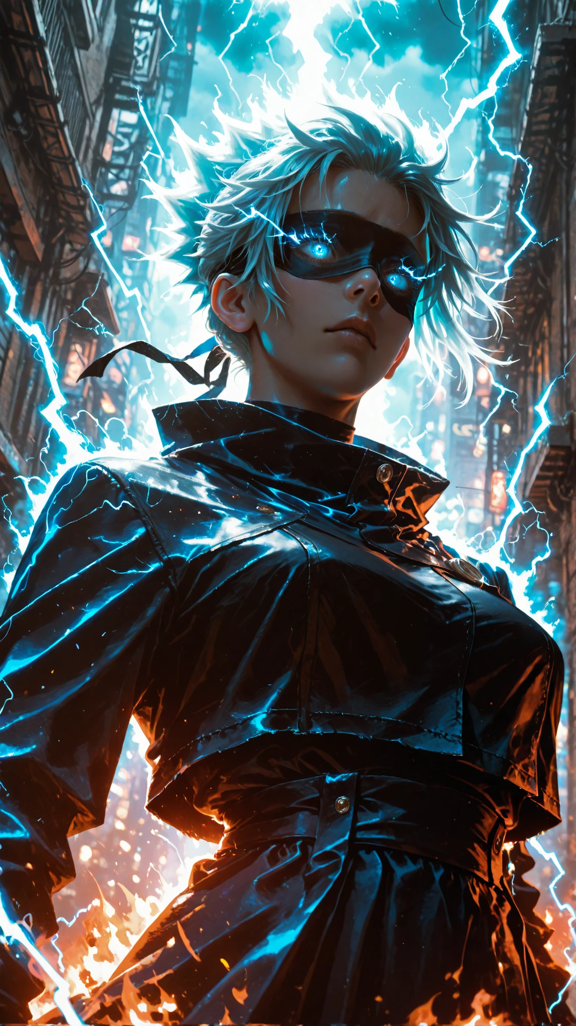Satoru Gojo, Jujutsu Kaisen, epic pose, dynamic lighting, ultra detailed, sharp focus, 8k, cinematic, highly detailed eyes, glowing blue eyes, white spiky hair, black blindfold, black high-collar jacket, lightning bolts, electrical effects, mystical energy, fire effects, city background, urban setting, dramatic atmosphere, high contrast, anime art style, digital painting, masterpiece, volumetric lighting, photorealistic, realistic shading, intricate details, intense expression, looking upwards, power, magic, sorcerer, (fire and electricity:1.2), (glowing effects:1.3)
