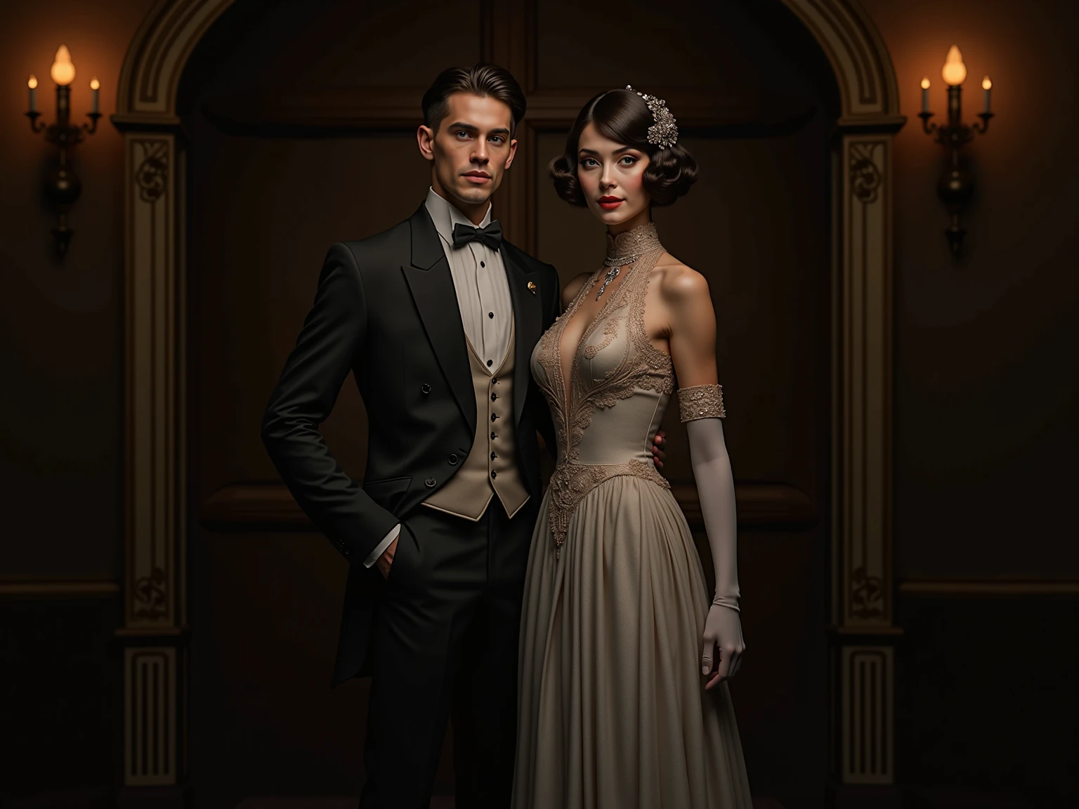A real image of a couple in the 1920s. The man is very handsome, 30 years old, with short, black hair, strong and muscular, and fair skin. The woman is very beautiful, 18 years old, dressed in modest 1920s clothing with long sleeves, and has very long, curly blonde hair that reaches down to her waist. A romantic scene between the two.