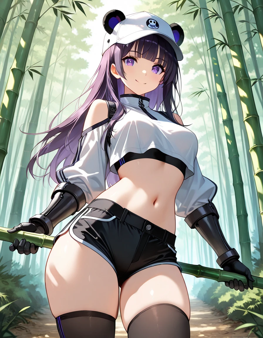 ((1 woman with transparent panties, with a scientists coat)),((just a biomechanical brat)),((big breasts)),((happy face, in a forest)),((wet pussy, nipples erect)),((very large pubic hair)),((short black hair with a side ponytail, with very large bangs covering the face and falling down the body)),((one blue eye, one biomechanical eye)) ,((standing facing the viewer,in a forest)),