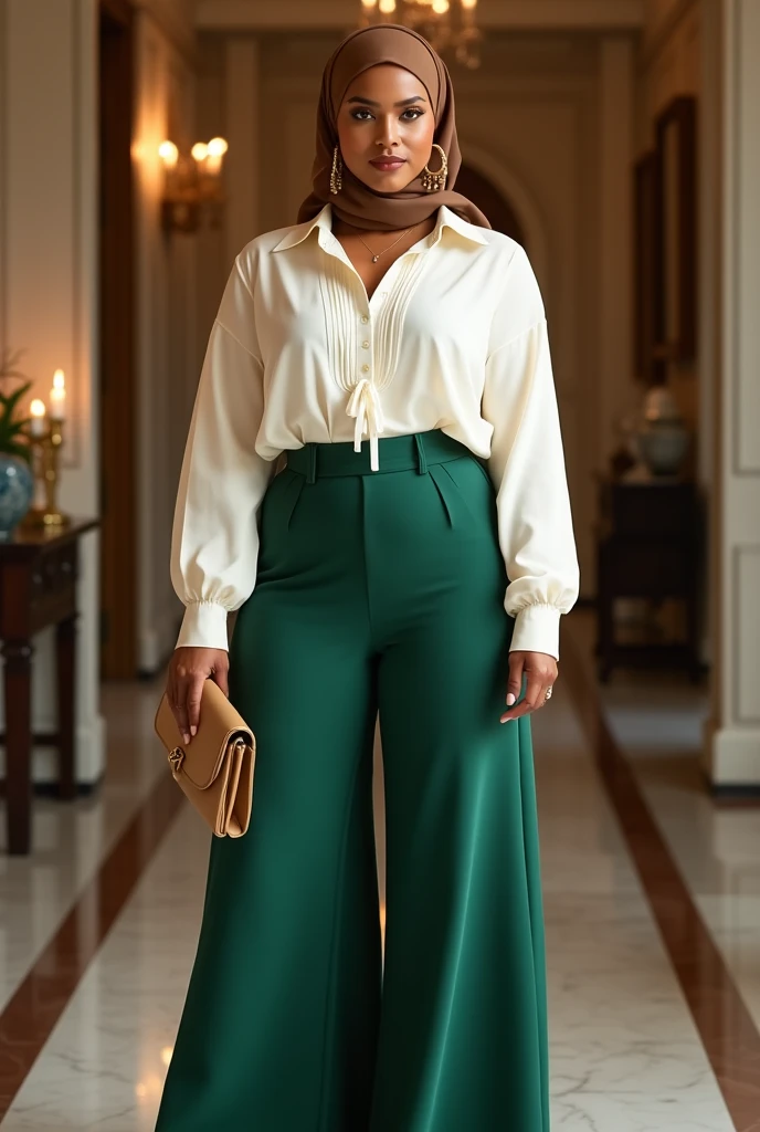 Full body image of beautiful curvy black haired WOMAN walking down the street in white flannel and green pajama pants with Christmas decorations