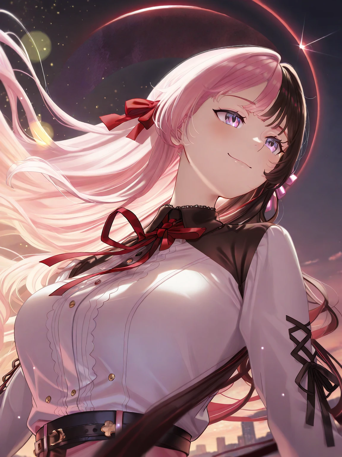 Pastel paint、masuter piece, Best Quality, masuter piece, Game CG,Best Shadow, 40 years、A MILF、Different space、Different dimensions、Another dimension、Longhaire、
Angle,1girl in,Lady,Ultra-realistic 8K CG,((Skirt flutters)), Realisticity, Best Quality,Ultra-detailed,Best Illustration,extremely delicate and beautiful,glowing earrings,Beautiful red eyes,Eyelashes,roundly eyes,Eye of rumors,Twinkle Eyes,Glowing eyes,Sparkling eyes,finely detail,Beautiful detailed girl,((Wind)),(Hair fluttering in the wind)),Slender face,lip stick,鎖骨,small tits、tiny chest、,Riman,(absurdly long hair),Delicate beautiful face,half updo / Upstyle,Pearl Pink Gradient Hair,Shiny hair,Shiny skin,Red skin,(((Bangs on one eye))),Cardigan,White blouse,long skirt、((Light red inner hair)),Gentle expression,index finger raised,Wink、The best smile、Peace sign near the face、