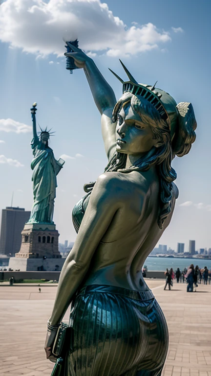 a bust photo of a the statue of liberty, shirtsqueeze, tits, best quality, fine details, photograph <lora:shirtsqueezev2_SDXL:1.1>
