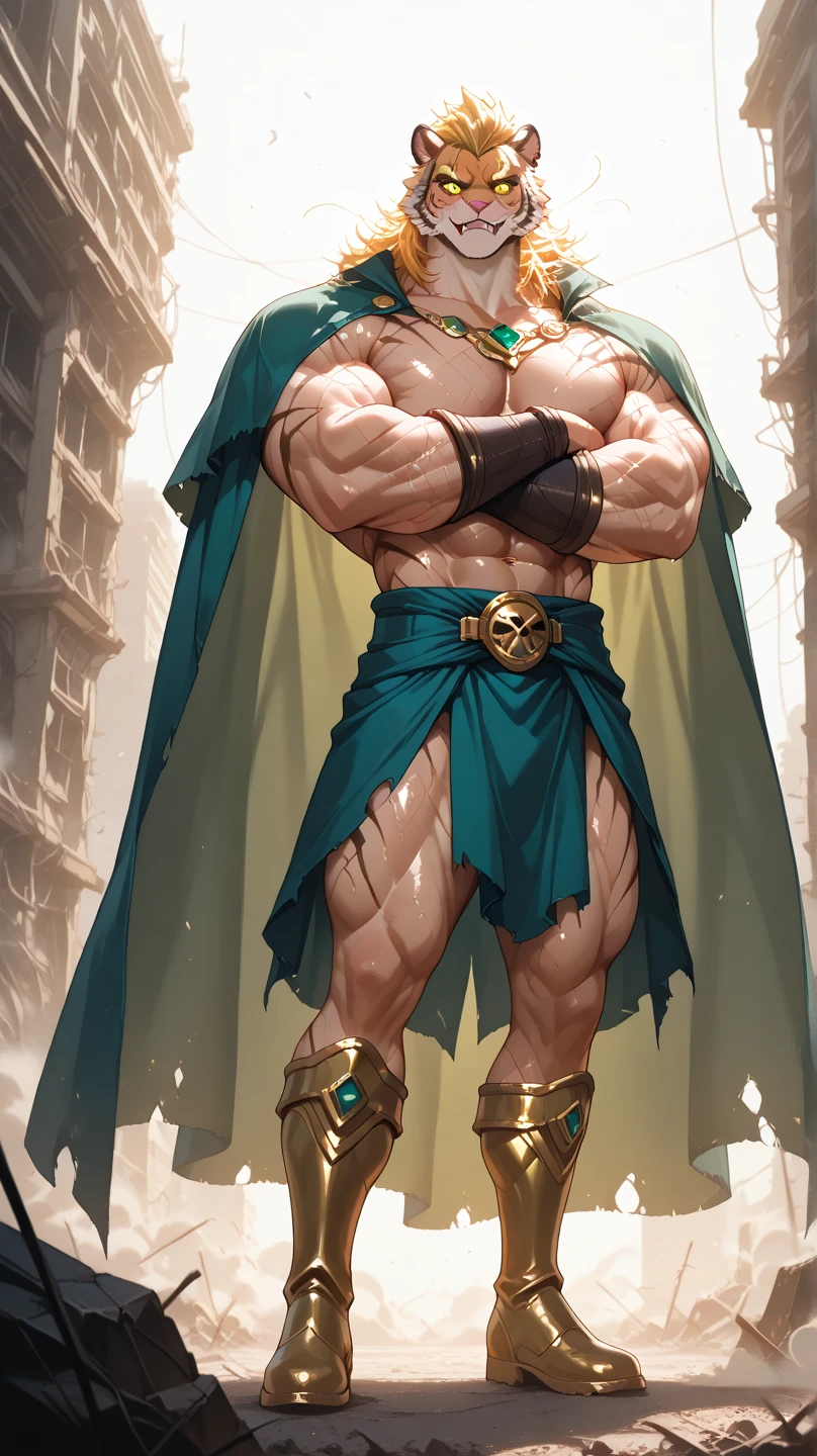 Character portrait including full body image, huge muscular physique, handsome bald jamaican man, Long Shot, Naked man in Arabian Nights costume, huge muscular thighs、Visible alien tattoo on chest and shoulder, The loin is an elaborate kimono-like skirt., green pink gold, Magical symbols woven into his clothes with gold thread, action hero, intricate and detailed drawing