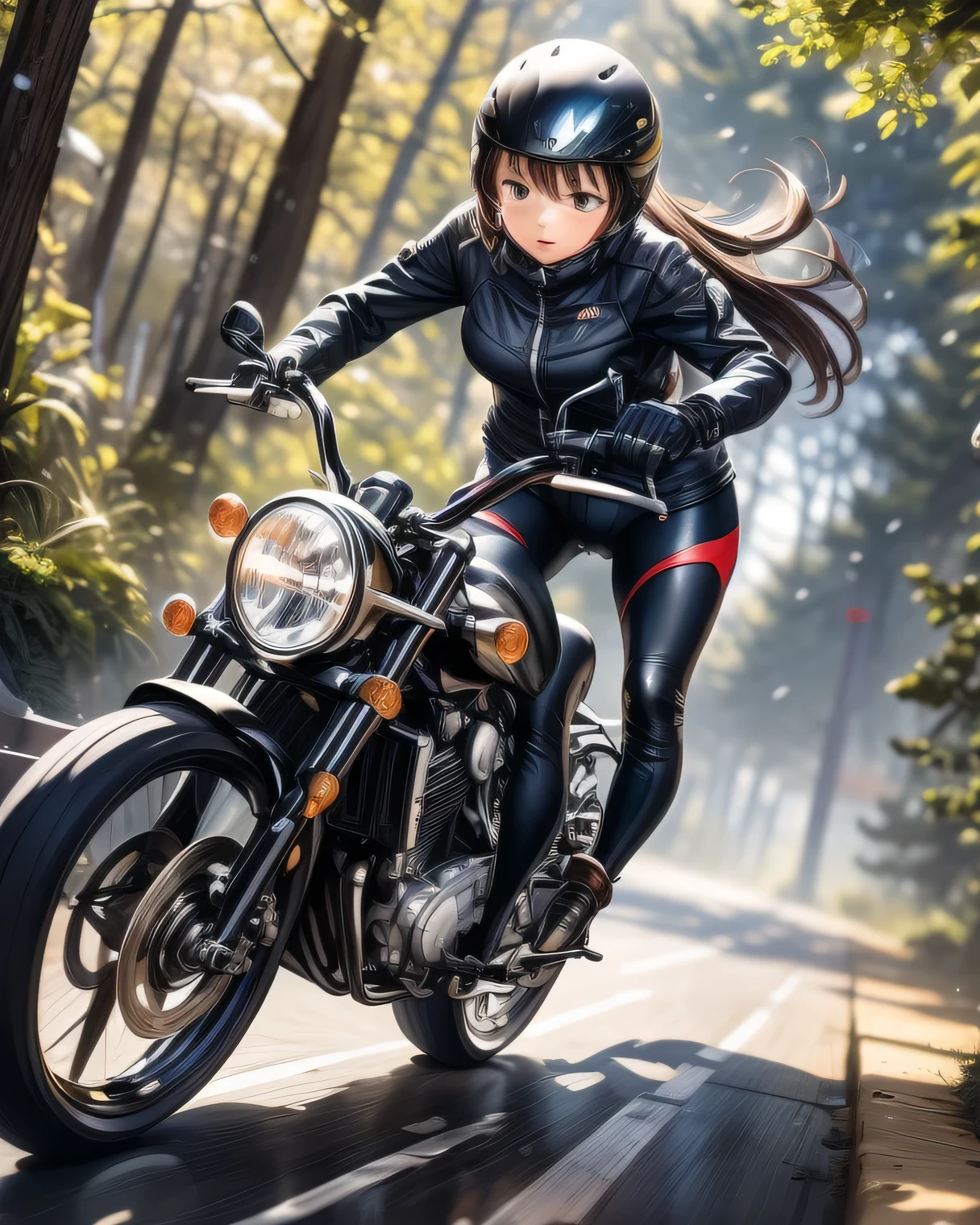((( Masterpiece:1.3, Best Quality, hight resolution, nffsw, Perfect Pixel, 4K, nffsw, nffsw))), 1girl in, Off-road motorcycle driving on spring country roads、18-year-old girl、jet helmet、((December scenery, white Christmas, softly falling snow, she drives carefully along the national highway)), She has both hands on the handlebars, she's low to the ground, she's cornering great.