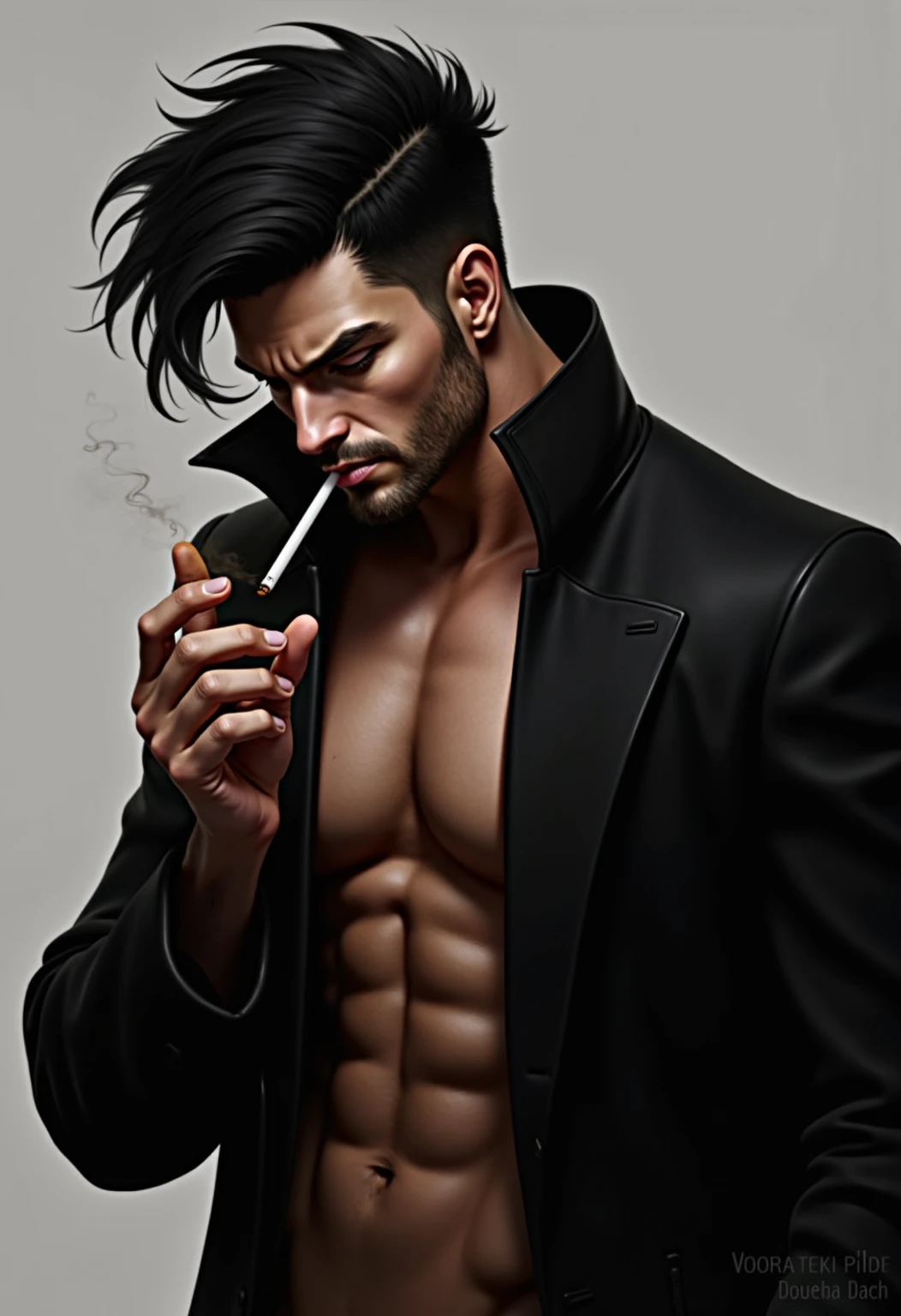 Masterpiece, detailed, 8k, a delicate and graceful full body image of a young handsome mafia, wearing black suit and hat, beard, holding a smoking cigar, sitting on a chair, night vibes, fierce look, big penis inside thight pants, sexy abs, hot pose, erotic scene