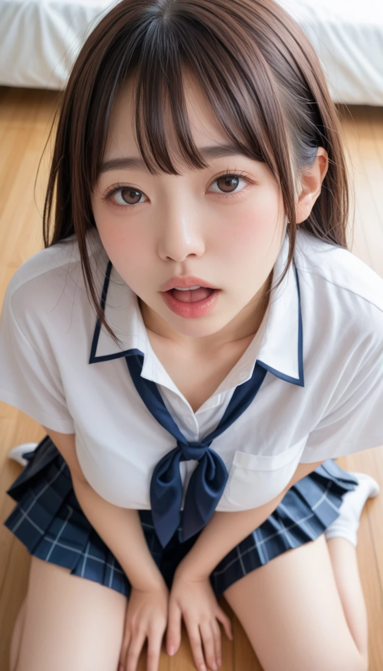 ,Short sleeved white shirt,Grey checked tie,Grey checked mini skirt,Navy blue socks,open mouth,tongue out,cum on tongue,Sitting on a black sofa,looking ahead,from above,flont view,face focus,(1girl,Beautiful 14 year old girl),((Slender,Small breasts,Small face,)),looking at viewer,Black Hair,bangs,one side up,Beautiful and detailed,Expressionless,Dimly lit room,Simple Background,Black background,
