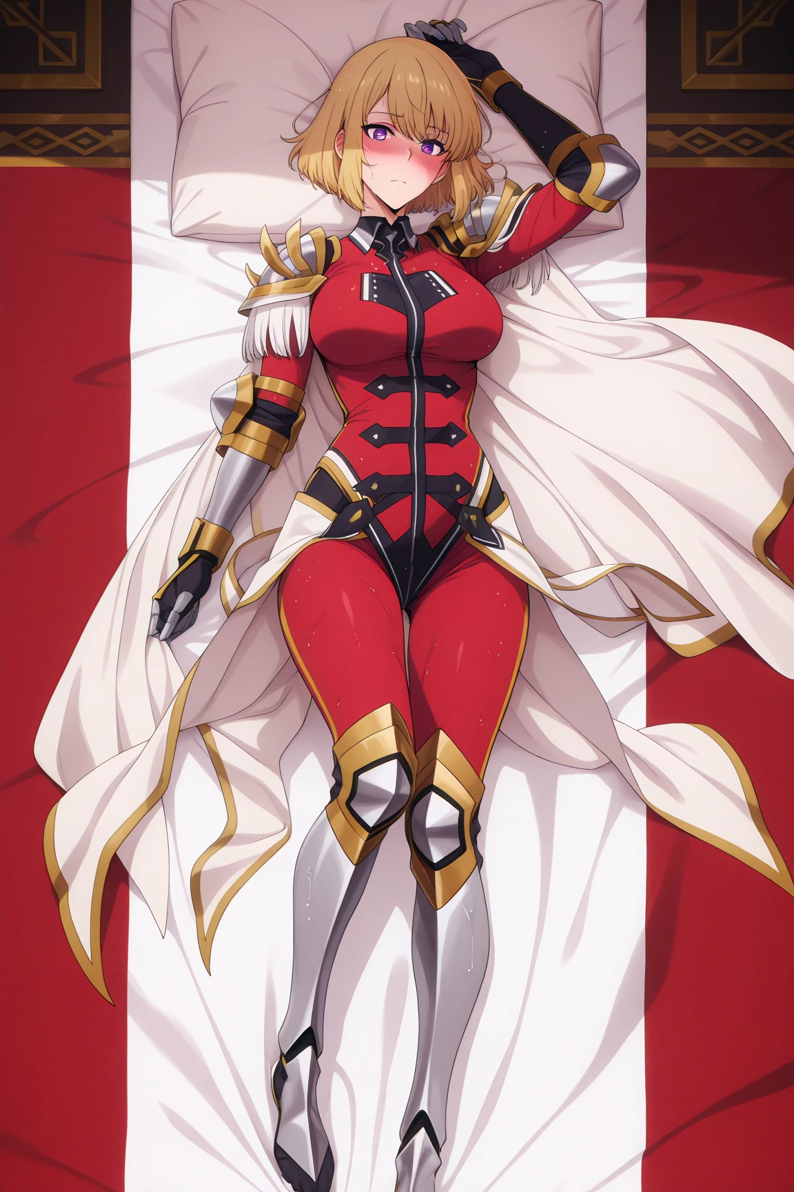 score_9, score_8_up, score_7_up, score_6_up, uncensored, zeta, animal ears, purple eyes, blonde hair, short hair, BREAK (masterpiece:1.2), best quality, high resolution, (detailed eyes:1.3), perfect lighting, (perfect hands, perfect anatomy), large breasts, fox tail, 1girl, rating:safe, bodysuit, looking_at_viewer, gloves, belt, sitting, sky, armor, outdoors, cloud, solo, covered_navel, gauntlets, field, hollow eyes, shaded face, HD,