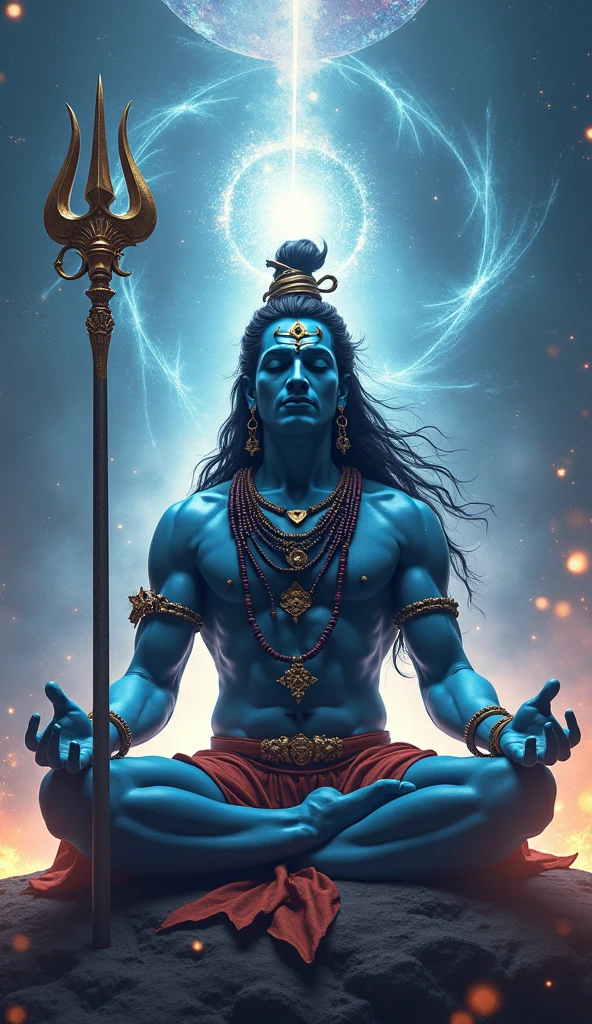 Creat image of hindu god mahadev sitting at metroite with big trident made of dark matter light in space and at behind dark matter