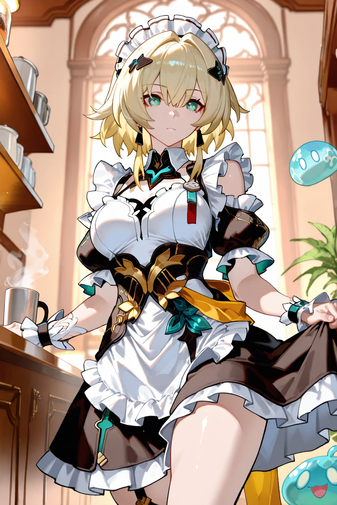 Anime style, 1 girl, Golden hair, voluminous breasts, maid, underboob, raised skirt, green panties, pussy mark