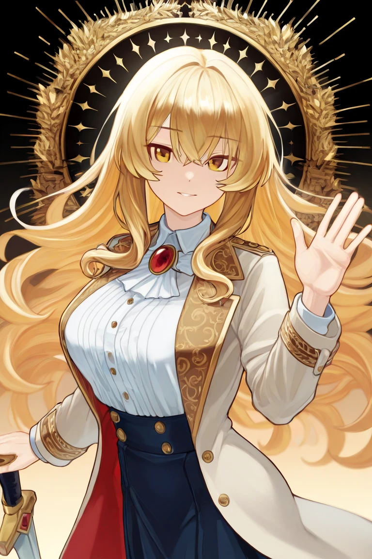 Buff, blonde, young lady, red eyes, on a white suit with golden details, with a cross necklace on the neck, front profile