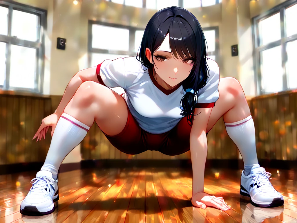 Teenagers in gym clothes on the court, they are extremely sweaty and smelly, They are barefoot, their feet are raised forward and are dirty