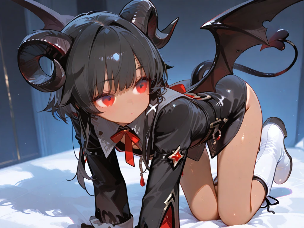 Cute girl, short hair, black hair, split legs, (On her knees she approaches you, close-up of her face, close-up of her breasts), red eyes, blushed face, at bed, (demon girl, demon horns, pointed ears), cropped black tshirt, bare shoulder, cute pantie, underwear, (view from front), (big breast), wide waist, ((cute anime sleepy face))