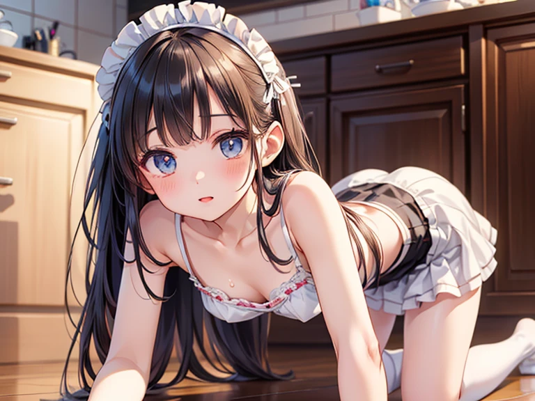 ((18 y.o girl in a apron)), (kpop idol), , dynamic pose, pale skin, (((natural breasts, big breasts))), (aegyo sal:1.1), (narrow waist), short white-hair, looking away, smiling, sexy, bangs, in the kitchen , indoors, public, (Bokeh), ultra-detailed, best quality, ultra high res, (NSFW:1.1) ,Beautiful young woman ,Kama sutra on all fours looking back --auto --s2