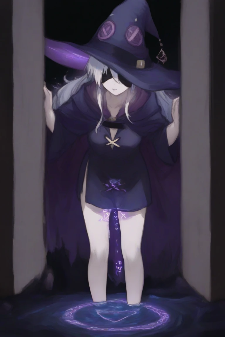 (Highest quality, masterpiece), Intricate details, Sexual, (((witch))), (Witch Hat), ((nude)), orgasm, Love juice, Small breasts, Pussy, 15yo, , White Hair, messy short hair, Wearing glasses, Plain girl, Very embarrassed face, blush, ((Whole body)), Blurred Background, Medieval bedroom,