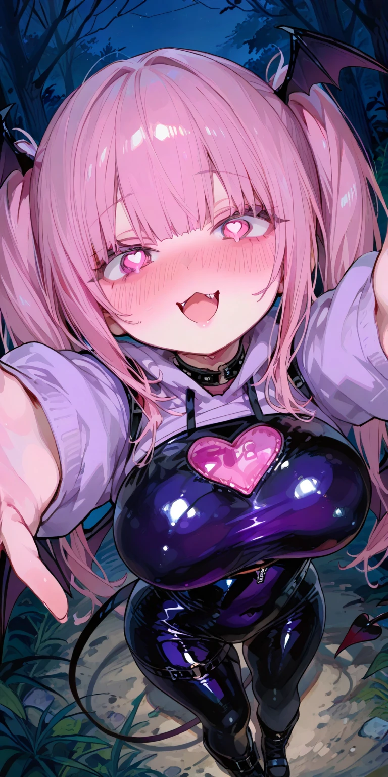 female\((cute,eye patch\(very cute, gothic fashion,heart mark\):1.3),age of 12,skin\(white,pale,smooth,silky,shiny\),eyes\(beautiful,many star-shaped highlights\),wearing makeup\(pink\),(evil smile:1.3),open mouth,sharp teeth,long tongue,hair\(pink,twintails,floating,rolled,detailed,shiny\),hairclip\(heart\),costume\(pink colored gothic lolita\),eye corners\(pink:1.3\),(narrow eyes),very cute pose,(breast:1.3),open cleavage, cute hand sign\), BREAK ,background\(harajyuku\(tokyo,japan\),at night,cute,fancy,dark\), BREAK ,quality\(8k,wallpaper of extremely detailed CG unit, masterpiece,hight resolution,top-quality,top-quality real texture skin,hyper realisitic,increase the resolution,RAW photos,best qualtiy,highly detailed,the wallpaper,cinematic lighting,ray trace,golden ratio\),(dynamic angle),(close up of face:1.3),looking down at viewer,from below,better hands